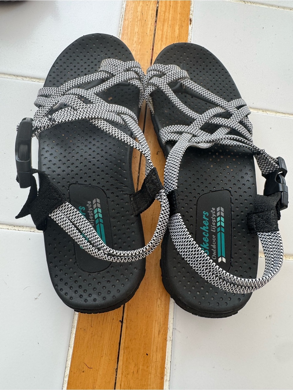 Skechers Kids Black Sandals with White Patterned Straps